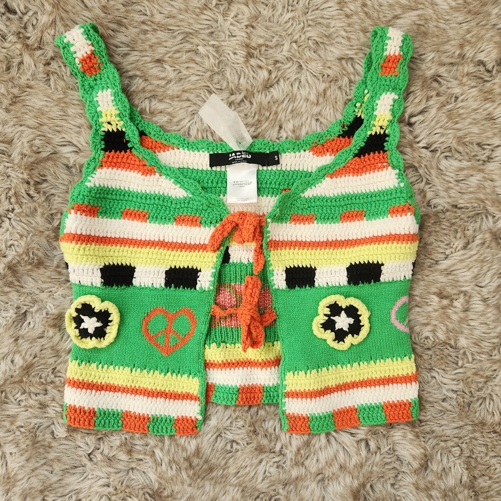Jaded London Tie Front Crochet Tank Top Green, Orange And Yellow Women's Small